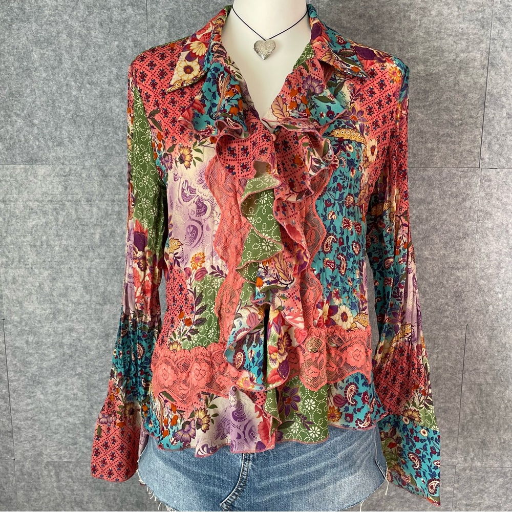 Whimsigoth Boho Patchwork Ruffle Top Allison Tayl… - image 1